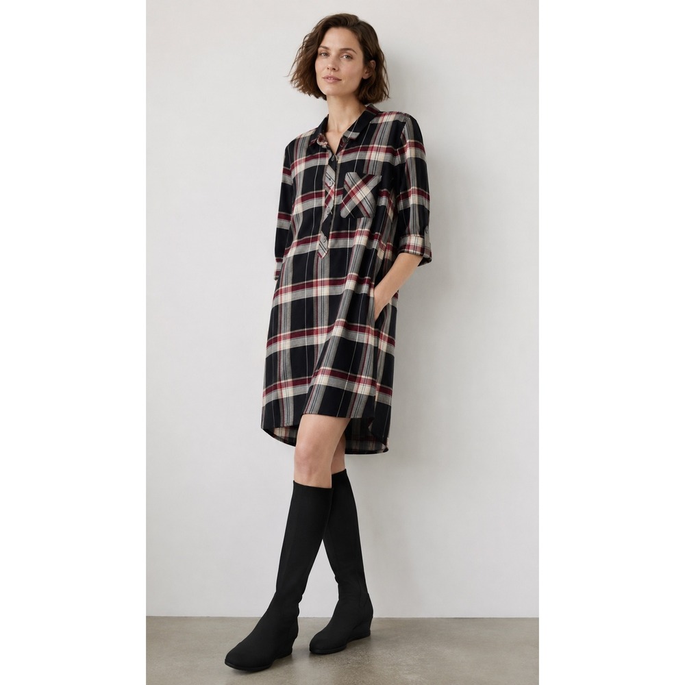 J Jill Womens‎ Plaid Roll Tab Sleeve Shirt Dress Side Pockets in Black Red M